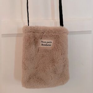 JAPANESE Taupe Crossbody Plush Faux Fur Bag Purse "Mon Petit Bonheur" NWOT
